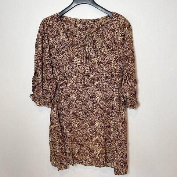 Faithfull The Brand Fontane Charlie Leopard Mini Dress Brown XL Puff Sleeves NWT - Picture 2 of 10
